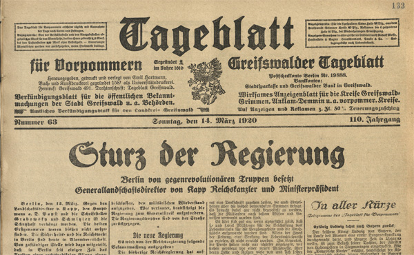 Schlagzeile: Sturz der Reichsregierung - Berlin von gegenrevolutionären Truppen besetzt - Generallandschaftsdirektor von Kapp Reichskanzler und Ministerpräsident