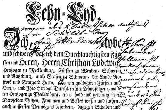 Lehn-Eid-Formular aus dem Jahr 1753 (Ausschnitt). Druck: vermutl. Bärensprung, Schwerin.