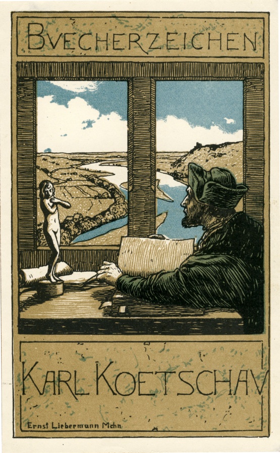 Exlibris des Karl Koetschau © Quelle: Universitätsbibliothek Rostock Text "Bücherzeichen Karl Koetschau – Ernst Liebermann Mehn"