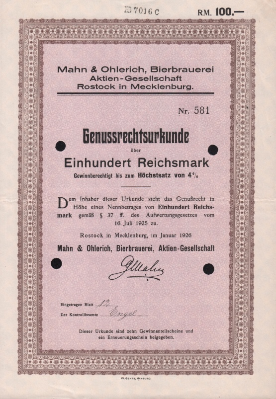Genussrechte Rostocker Bierbrauerei 1926