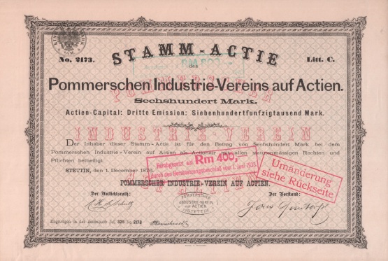 Stammaktie des Pommerschen Industrie-Vereins, Wert 600 Mark mit Stempel herabgesetzt auf 400 Reichsmark (Beschluss vom 1. Juni 1933)