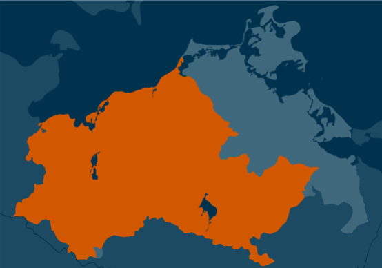 Blaue Karte, die die Region Mecklenburg orange hervorhebt