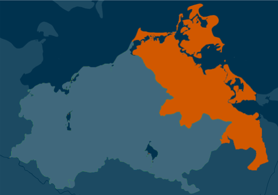 Blaue Karten, die die Region Vorpommern orange hervorhebt