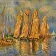 Mehrere Segelschiffe liegen im Wasser. Orange und Blau sind die hauptsächlichen Farben.