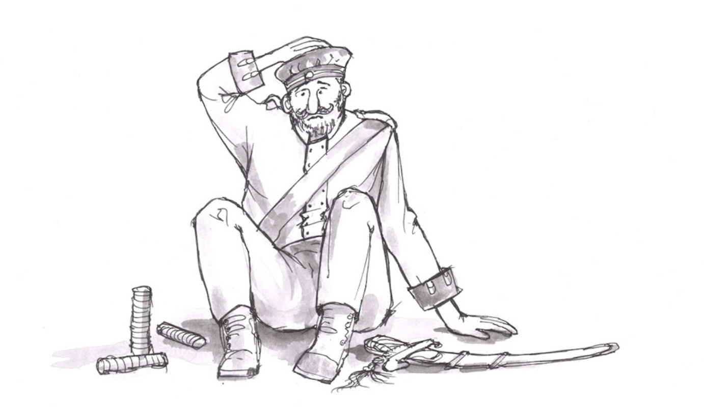 Zeichnung: Ein Soldat in mecklenburgischer Uniform ist gestürzt und fühlt, ob sein Kopf noch da ist.