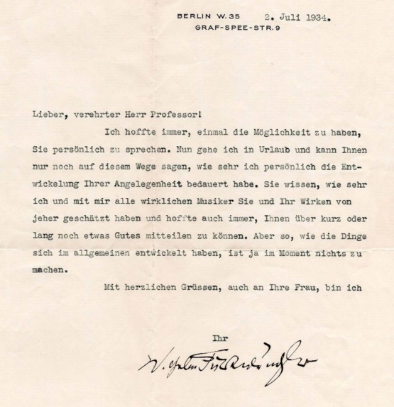 Brief Wilhelm Furtwängler an Rober Kahn, 2.Juli 1934 (Ausschnitt) © Quelle: Privatbesitz Familie Greiner-Kahn Wortlaut bei der Vergrößerung