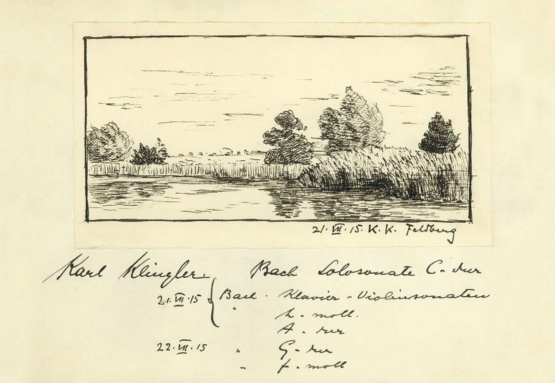Eintrag des Geigers Karl Klinger im Gästebuch, 1915 © Quelle: Privatbesitz Familie Greiner-Kahn Eintrag des Geigers Karl Klinger im Gästebuch "Haus Obdach", 1915