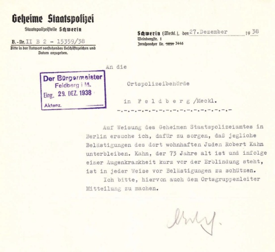 Gestapo-Schreiben den den Bürgermeister der Gemeinde Feldberg © Quelle: Grundstücksakte Kahn, Liegenschaftsamt der Gemeinde Feldberger Seenlandschaft Schreiben der Gestapo - Staatspolizeistelle Schwerin an die Ortspolizeibehörde Feldberg vom 27. Dezember 1938