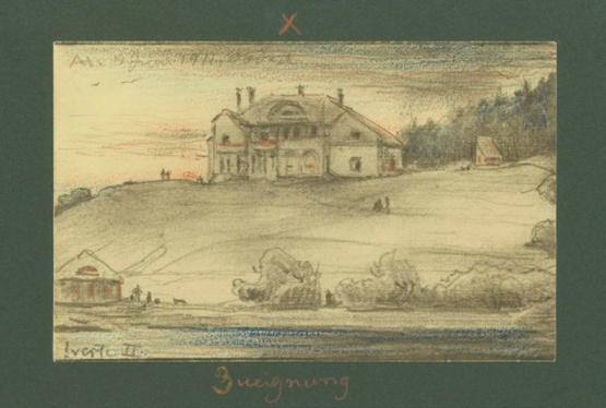 Albert Hertel: Blick vom Haussee auf den Ziegenberg mit "Haus Obdach"; © Quelle: Privatbesitz Familie Greiner-Kahn Bleistiftzeichnung 1911