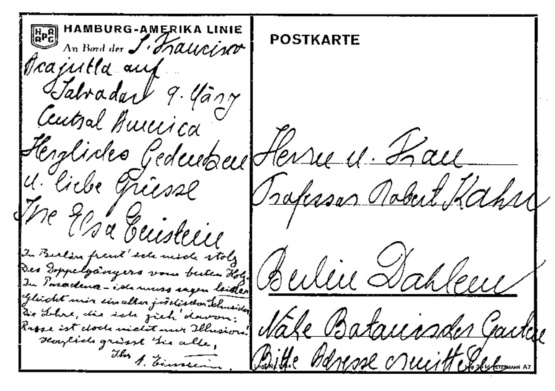 Postkarte Albert Einstein an Robert Kahn © Quelle: Privatbesitz Familie Greiner-Kahn Doppelgängergedicht links, recht die Adresse Kahns in Berlin-Dahlem