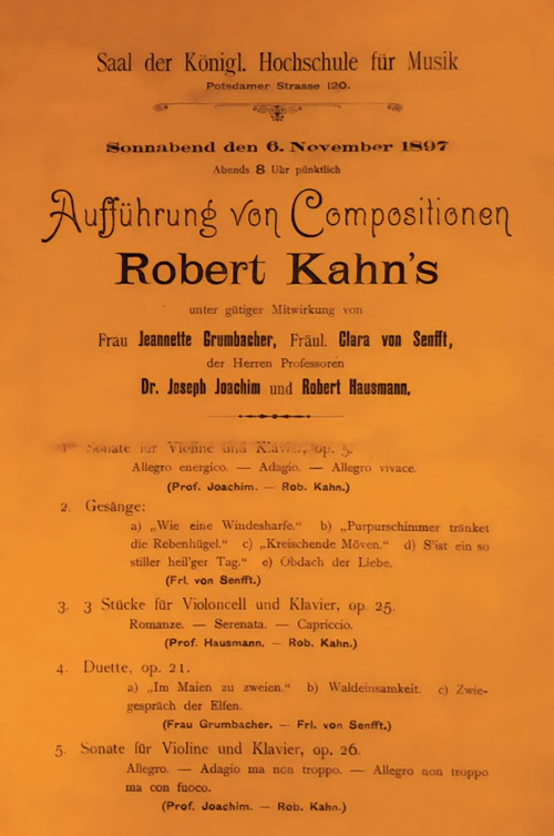 Programmzettel für ein Konzert mit Joseph Joachim, Robert Kahn u.a. am 6. November 1897 © Quelle: unbekannt Bild