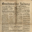 Titelseite der Greifswalder Zeitung vom 13.11.1918: "Er [gemeint ist der Arbeiter- und Soldatenrat Greifswald] hält die Ruhe, Ordnung und Sicherheit aufrecht, schützt Leben, Freiheit und Eigentum des Einzelnen und der Allgemeinheit."