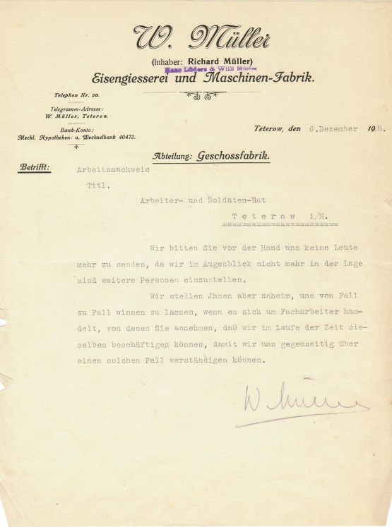 Mit Schreibmaschine geschrieben, oben der gedruckete Briefkopf der Maschinenfabrik Müller: &quot;Wir bitten Sie vor der Hand uns keine Leute mehr zu senden, da wir im Augenblick nicht mehr in Lage sind weitere Personen einzustellen ...&quot;