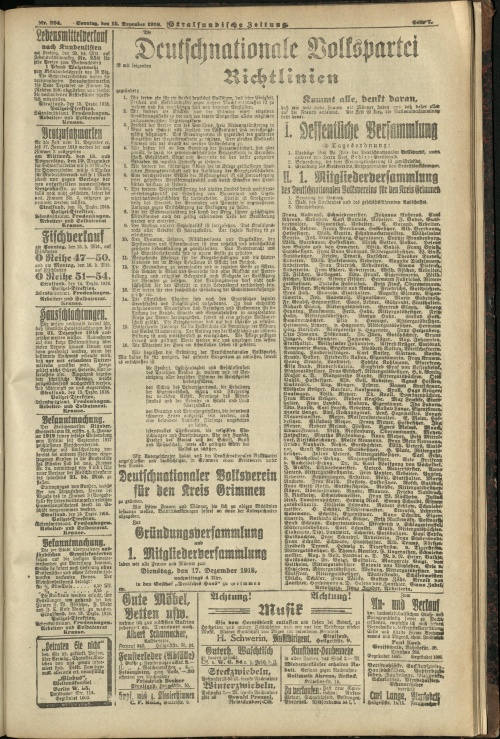 Zeitungsseite mit den Richtlinien der Deutschnationalen Volkpartei und Gründungsaufruf für den Deutschnationalen Volksverein für den Kreis Grimmen