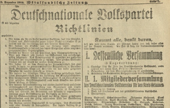 Zeitungsseite mit den Richtlinien der Deutschnationalen Volkpartei und Gründungsaufruf für den Deutschnationalen Volksverein für den Kreis Grimmen