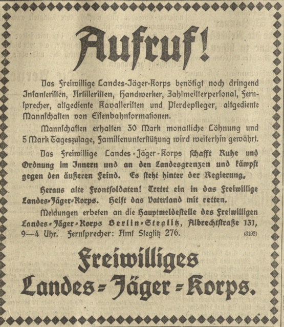 Anzeige aus der Greifswalder Zeitung vom 31.1.1919: Das &quot;Freiwillige Landes-Jäger-Korps&quot; – auch bekannt als Freikorps Maercker – sucht Verstärkung. &quot;Alte Frontsoldaten&quot; sollen helfen, das Vaterland zu retten.