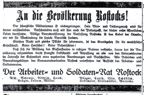 Zeitungsausschnitt: &quot;Dass sich die Ablösung des Klassenstaates in ruhigen Bahnen vollziehe, daran hat die Bevölkerung mitzuwirken durch strengste Selbstzucht und Anpassung an alle von den Unterzeichneten im Interesse der Gesamtheit etwa ergehenden Anordnungen und Vorschriften.&quot;