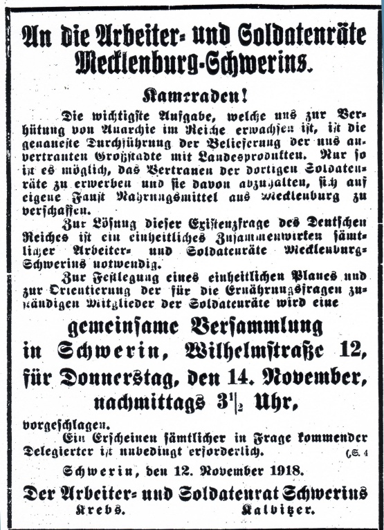 Mecklenburgische Zeitung vom  13.11.1918 - Aufruf zur Gemeinsamen Versammlung der Räte in Schwerin am 14 November 1918