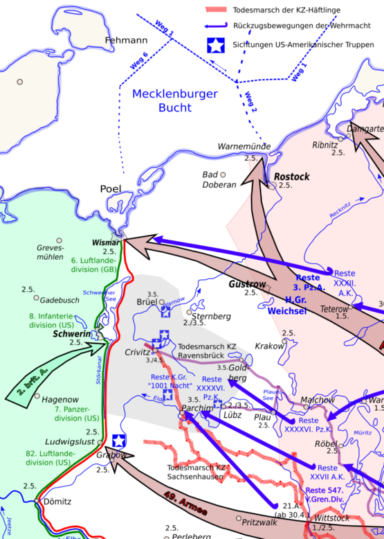 Karte mit den Truppenbewegungen in Mecklenburg und Vorpommern vom 20. April bis zum 8. Mai 1945