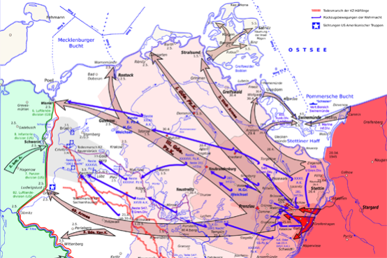 Karte mit den Truppenbewegungen in Mecklenburg und Vorpommern vom 20. April bis zum 8. Mai 1945