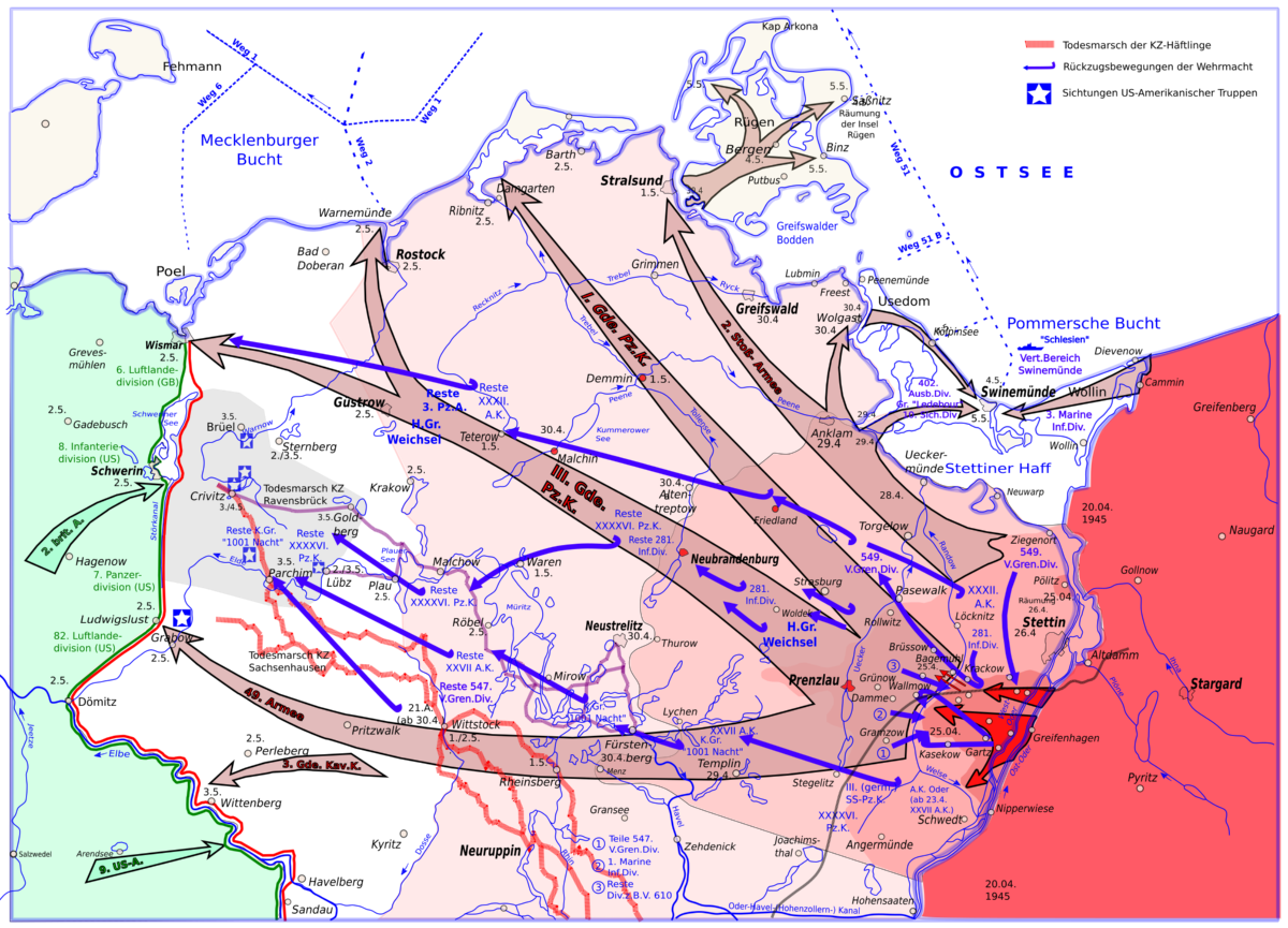 Karte mit den Truppenbewegungen in Mecklenburg und Vorpommern vom 20. April bis zum 8. Mai 1945