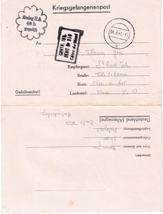 Kriegsgefangenenpost von Jean Hamon aus dem Stalag IIa Neubrandenburg Kriegsgefangenenpost Jean Hamon - Adressseite oben