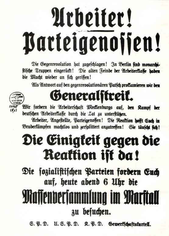 Aufruf zum Generalstreik und zur Versammlung im Marstall Schwerin 14.3.1920