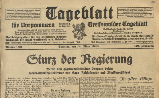 Schlagzeile: Sturz der Reichsregierung - Berlin von gegenrevolutionären Truppen besetzt - Generallandschaftsdirektor von Kapp Reichskanzler und Ministerpräsident