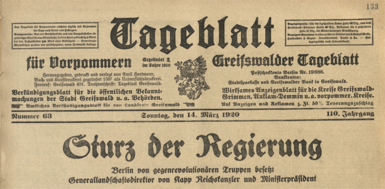 Schlagzeile: Sturz der Reichsregierung - Berlin von gegenrevolutionären Truppen besetzt - Generallandschaftsdirektor von Kapp Reichskanzler und Ministerpräsident