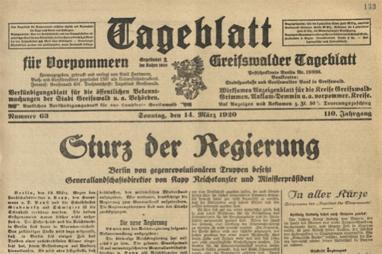 Schlagzeile: Sturz der Reichsregierung - Berlin von gegenrevolutionären Truppen besetzt - Generallandschaftsdirektor von Kapp Reichskanzler und Ministerpräsident