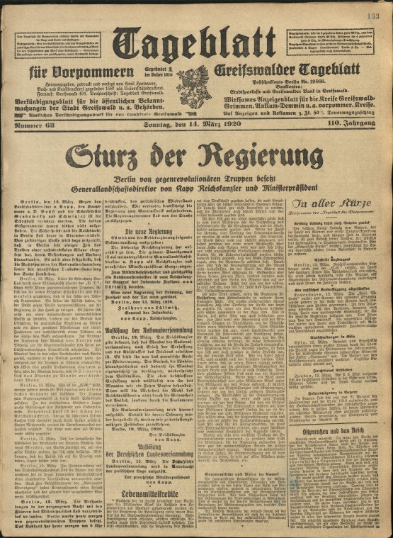 Titelseite Tageblatt für Vorpommern vom 14.3.1920 © Quelle: <a title="Externer Link zur Digitalen Bibliothek MV" href="https://digitale-bibliothek-mv.de/viewer/image/PPN732594065_1920/265/LOG_0074/" target="_blank">Digitale Bibliothek MV</a> Schlagzeile: Sturz der Reichsregierung - Berlin von gegenrevolutionären Truppen besetzt - Generallandschaftsdirektor von Kapp Reichskanzler und Ministerpräsident