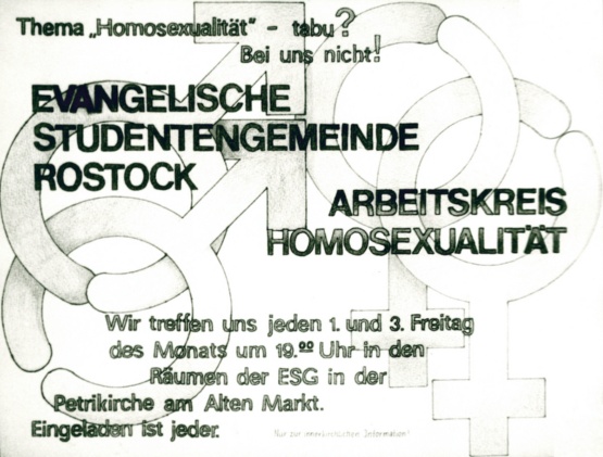 Flugblatt des Rostocker Arbeitskreises Homosexualität um 1988. Um polizeilichen Schwierigkeiten zu entgehen, war der Hinweis &quot;Nur zur innerkirchlichen Information&quot; von entscheidender Bedeutung.