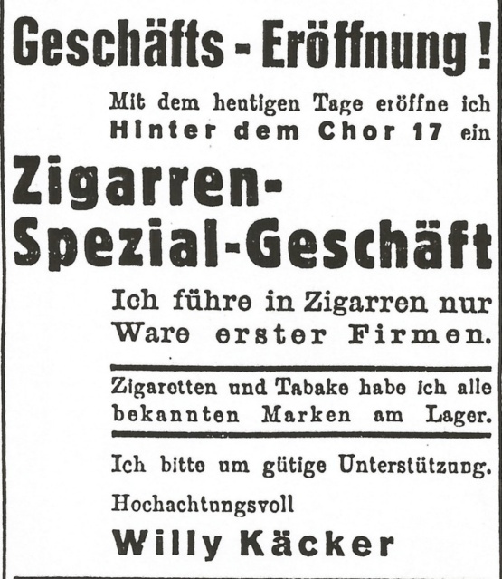 Zeitungsangzeige Eröffnung des Tabakwarengeschäfts von Willy Käcker © Quelle: Archiv der Hansestadt Wismar Zeitungsangzeige Eröffnung des Tabakwarengeschäfts von Willy Käcker