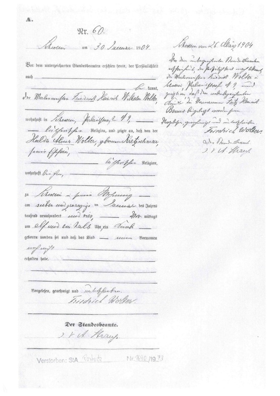 Geburtsurkunde Fritz Wolter Bild