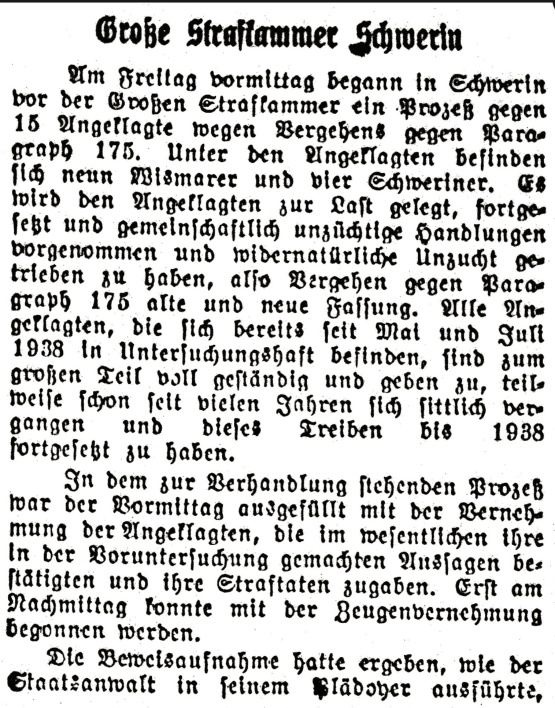 Artikel über das Urteil der Großen Strafkammer in Schwerin gegen Willy Käcker (Teil 1) © Quelle: Archiv der Hansestadt Wismar Artikel über das Urteil der Großen Strafkammer in Schwerin gegen Willy Käcker (Teil 1)