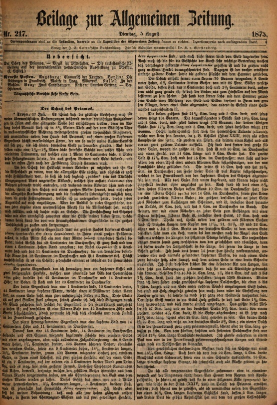 Grabungsbericht Allgemeine Zeitung 5.8.1873 1. Seite © Quelle: <a title="Link zur Bayerischen Staatsblibliothek" href="https://mdz-nbn-resolving.de/details:bsb11032289" target="_blank">Bayerische Staatsbibliothek </a> Grabungsbericht Der Schatz des Priamos von Heinrich Schliemann