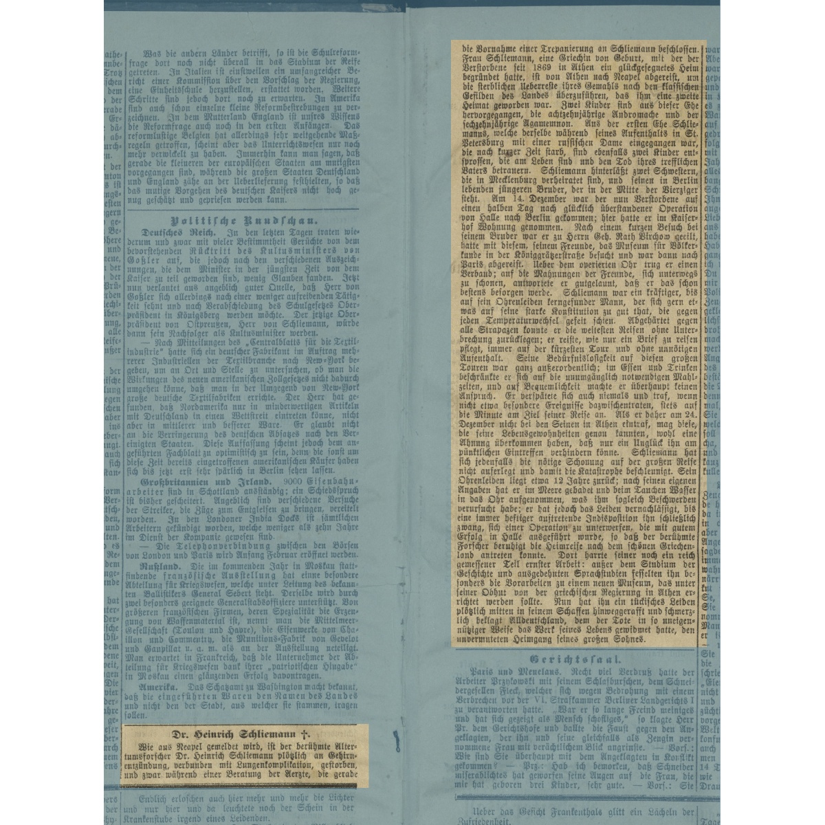 Meldung über Schliemanns Tod in den Malchower Nachrichten vom 3.1.1891
