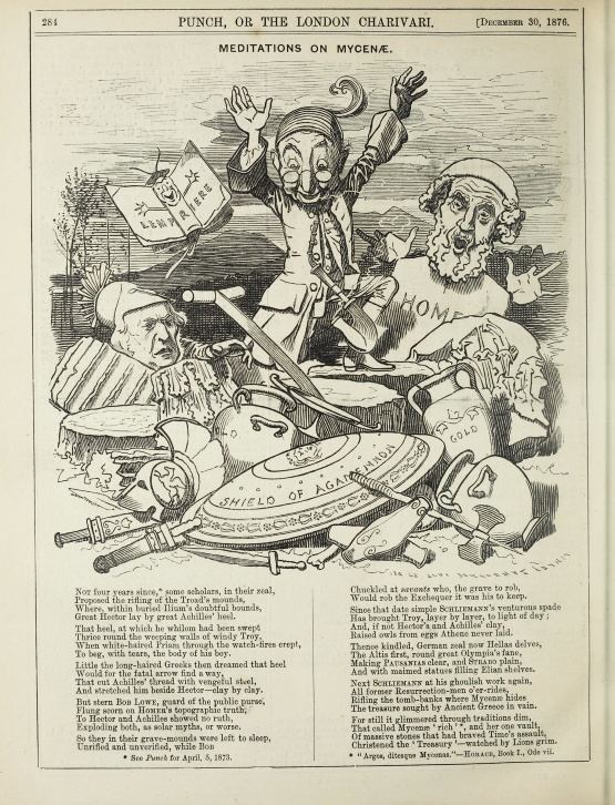 Schliemann-Satire: Meditionen über Mykene (Punch 1876) © Quelle: <a title="Link zur Quelle" href="https://heidicon.ub.uni-heidelberg.de/detail/861286" target="_blank">Universitätsbibliothek Heidelberg</a> Schliemann-Satire: Meditionen über Mykene (Punch 1876)