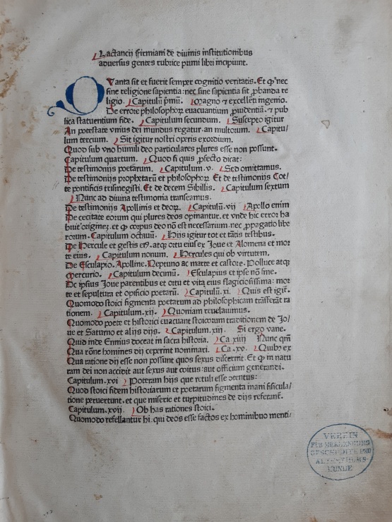 "Göttlichen Unterweisungen" von Lucius Laktanz, einer der ersten Drucke der Rostocker Michaelisbrüder (1476)