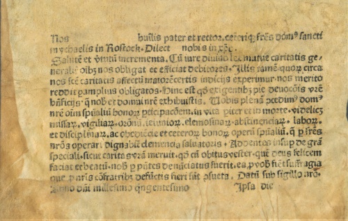 Formular eines Ablassbriefes der Rostocker Bruderschaft vom Gemeinsamen Leben  (nicht vor 1500).