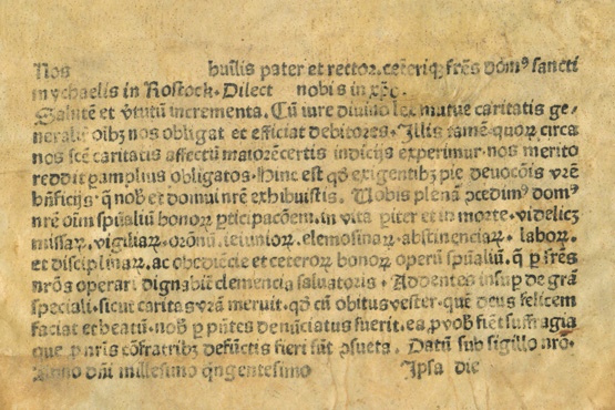 Formular eines Ablassbriefes der Rostocker Bruderschaft vom Gemeinsamen Leben  (nicht vor 1500).