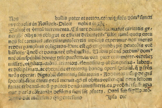 Formular eines Ablassbriefes der Rostocker Bruderschaft vom Gemeinsamen Leben (nicht vor 1500). © Quelle: Universitätsbibliothek Rostock, Sign. MK-11469.45. Formular eines Ablassbriefes der Rostocker Bruderschaft vom Gemeinsamen Leben (nicht vor 1500).