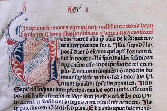 Bernhard von Clairvaux, Predigten über das Hohelied, Rostocker Druck 1481 - Sermones super Cantica canticorum. Rostock: Fratres Domus Horti Viridis ad Sanctum Michaelem, 1481. © Quelle: Landesbibliothek M-V, Sign. IK 8 Bernhard von Clairvaux, Predigten über das Hohelied, Rostocker Druck 1481 - Sermones super Cantica canticorum. Rostock: Fratres Domus Horti Viridis ad Sanctum Michaelem, 1481.