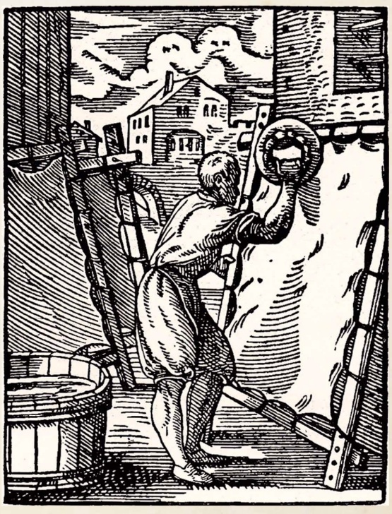 Der Permennter - Herstellung von Pergament, Holzschnitt von Jost Amman (1568) © Digitalisat: Goethe Universität Frankfurt am Main Der Permennter - Herstellung von Pergament, Holzschnitt von Jost Amman (1568)