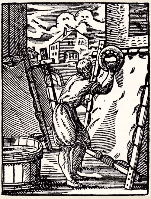 Der Permennter - Herstellung von Pergament, Holzschnitt von Jost Amman (1568)