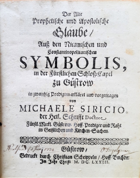Titelblatt: Sammlung von Predigten des Güstrower Hofpredigers Michael Siricius (1628 –1685).