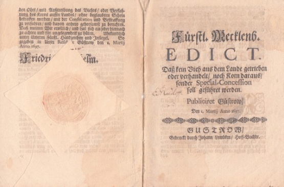 Titelblatt: Vieh und Korn müssen im Lande bleiben - Ein Edikt von 1697, Güstrow, Lembcke