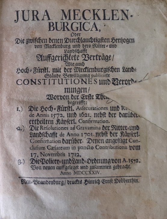 Titelblatt: Iura Mecklenburgica, Neubrandenburg, Dobberthin 1724