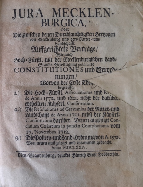 Titelblatt: Iura Mecklenburgica, Neubrandenburg, Dobberthin 1724