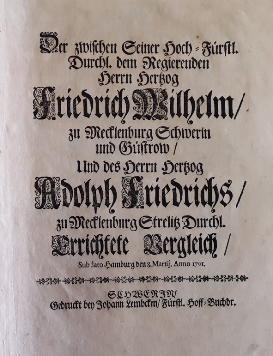 Titelblatt: Hamburger Vergleich von 1701, Schwerin, Lembcke